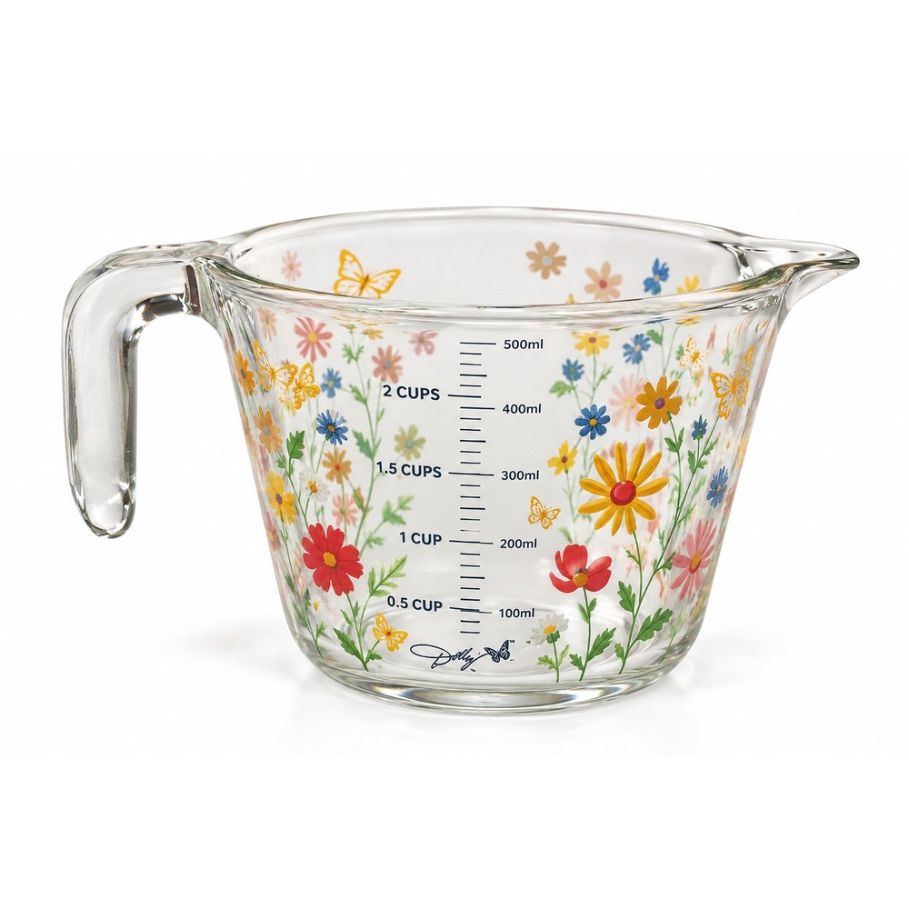 Dolly Parton 2 Cup Glass Measuring Cup Wildflowers Butterfly Dishwasher Safe NWT